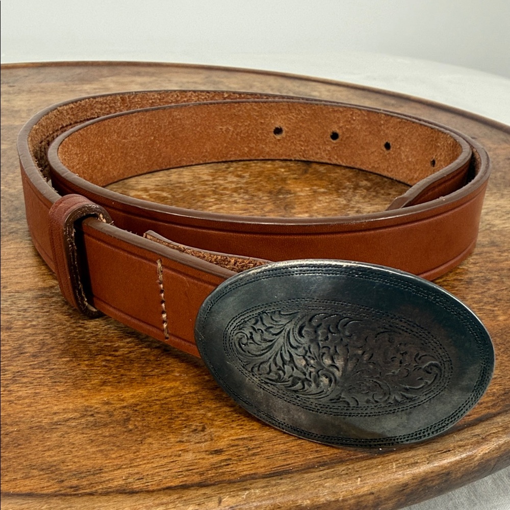 Lands' End Brown Leather Belt with Oval Tooled Black Buckle